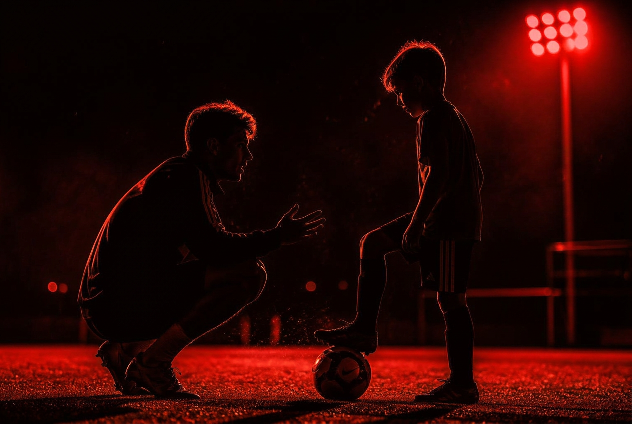Ung coach visar teknik för ett yngre barn på en upplyst fotbollsplan